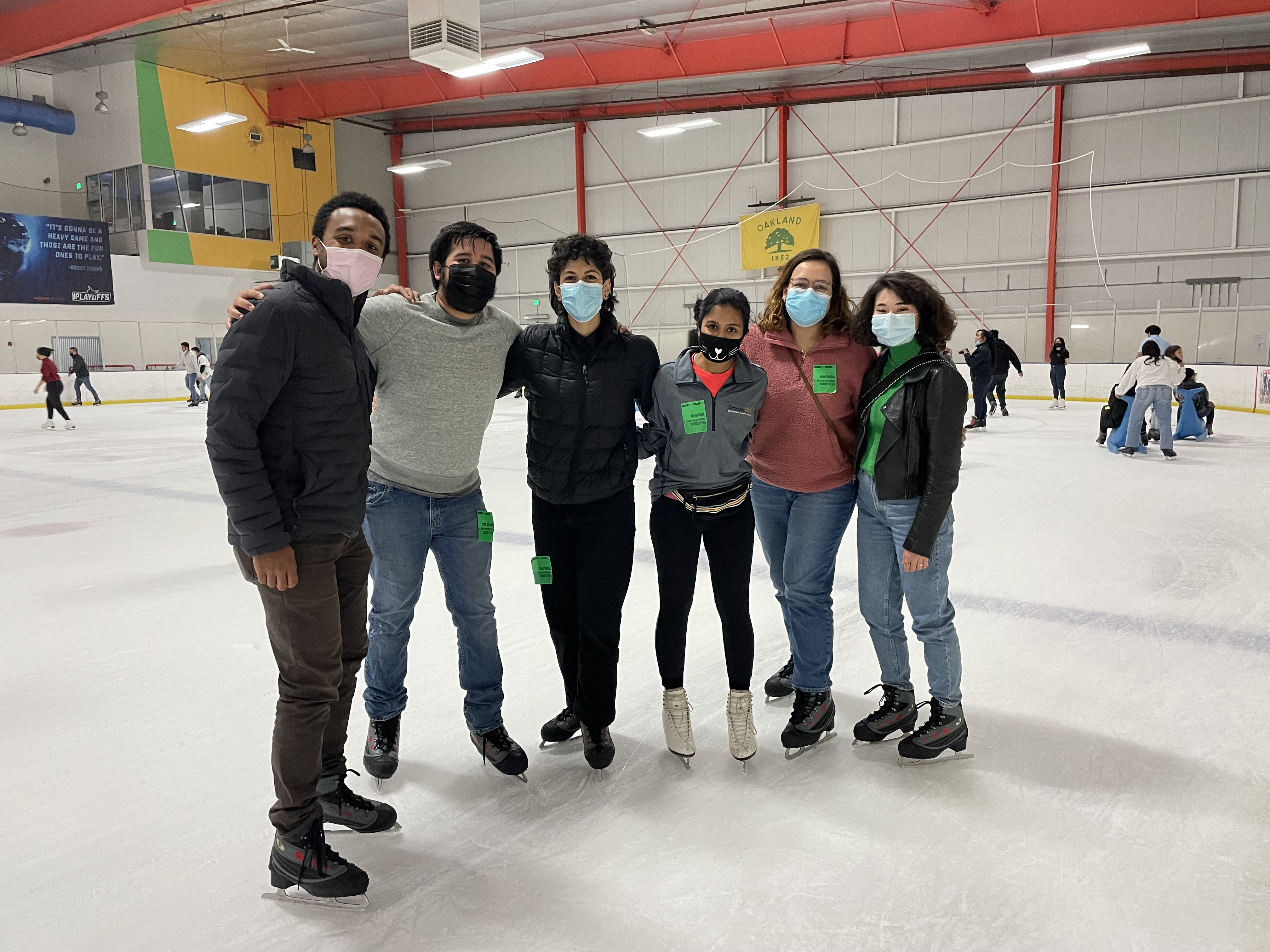 Kosa, Omar, Yakira, Ananya, Nicole, and Elisa in Oakland ice rink